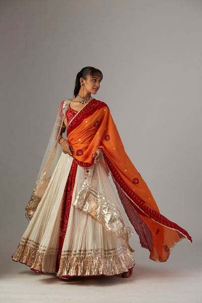 IVORY GAUZE CRINKLED LEHENGA SET WITH CHANDERI UNSTITCHED BLOUSE (BRM-25A))