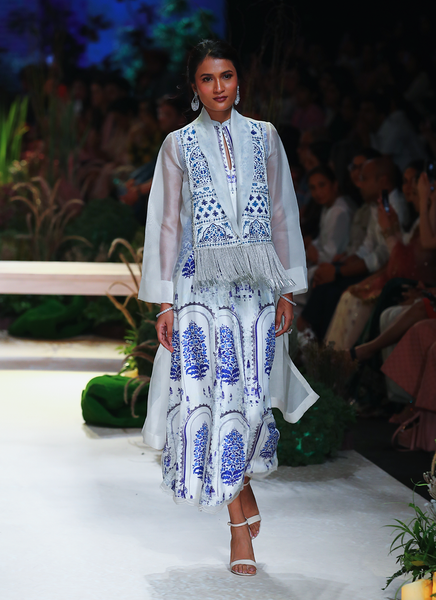 White Digital Printed Slit Dress With White Organza Embroidered Jacket (Fa-05/jkt, Fa-05a/drs)