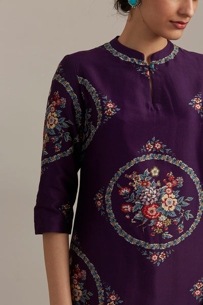 Eggplant silk chanderi bloomcycle printed tunic (SV-05/KUR)