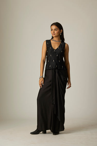 BLACK SATIN TOP COMES WITH BLACK DRAPED SKIRT ( TL-135/TOP, TL-135/SKT)