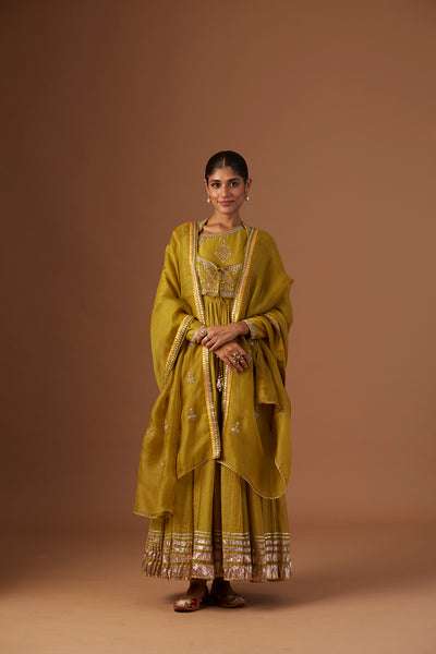 OLIVE TISSUE ANARKALI PAIRED WITH CHURIDAAR AND DUPATTA ( LS-16A)