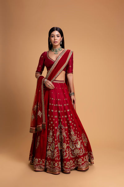 RED MUSHROO EMB LEHENGA SET (3 PCS)