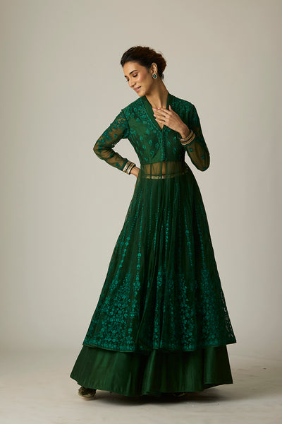 GREEN TULLE EMBROIDERED ANARKALI SET(3 PCS)