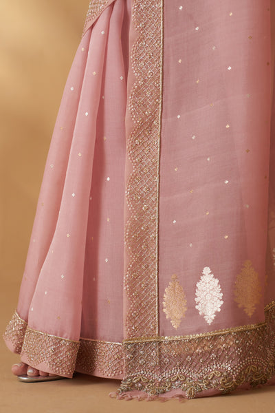 OLD ROSE ORGANZA HAND ENBROIDERED SCALLOP SAREE SET (2 PCS)