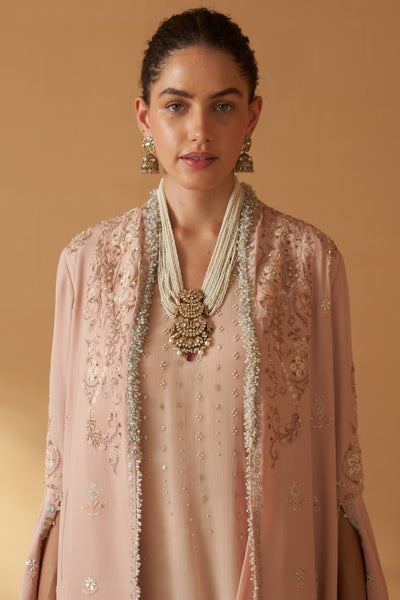 PEACH CREPE MOTI RESHAM  EMBROIDERED JACKET SET ( SE-03)