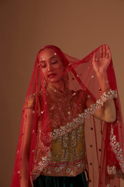 CRIMSON TULLE EMBROIDERED DUPATTA (1 PC)