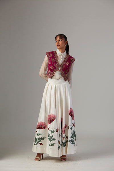 IVORY DUPION SILK SKIRT WITH SATIN SHIRT & FALSA JACKET ( 3 PCS)