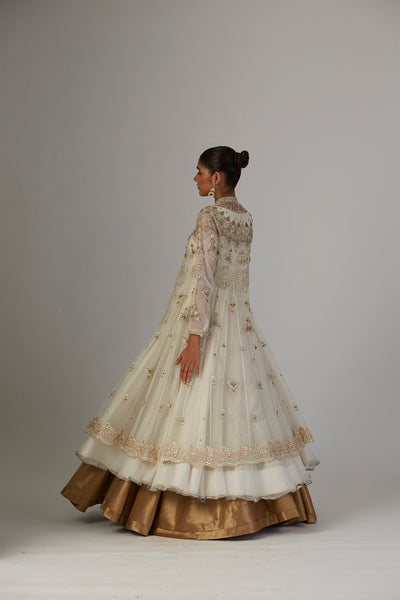 IVORY CHIFFON ANARKALI PAIRED WITH TULLE NET JACKET & COPPER LAME SKIRT( TL-89B, TL-135)