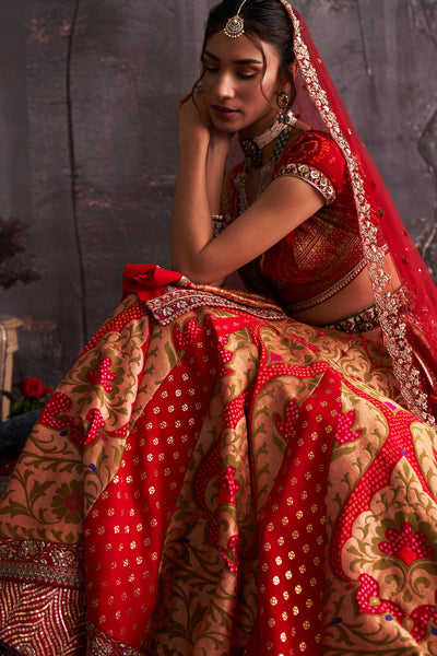 RED BANDHANI EMBROIDERED LEHENGA & DUPATTA  ( 2 PCS)