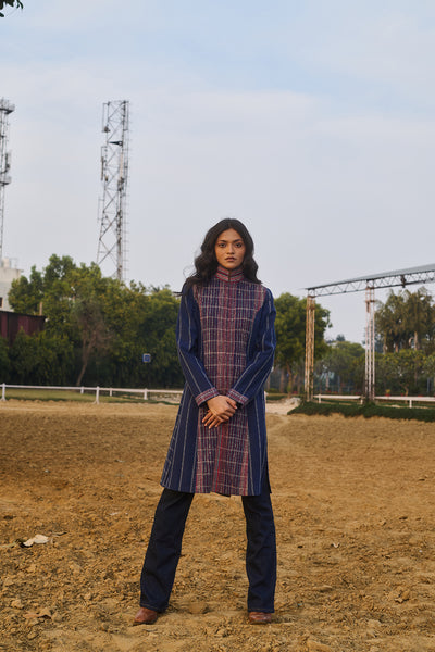 BLUE HANDWOVEN COTTON LONG JACKET (1 PC)