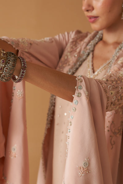 PEACH CREPE MOTI RESHAM  EMBROIDERED JACKET SET ( SE-03)