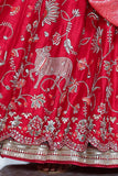 Olive Cotton Emb. Printed  Blouse With Red Dupion Emb. Lehenga And Dupatta, Red Tussar Banarasi Saree (Dmt-11/bls, Fb-32/leh, Nlb- 34012, Sl-03/dup)