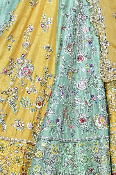 Yellow Viscose Dupion Scalloped Emb. Lehenga & Yellow Organza Emb. Dupatta (Sk-34b/dup Fa-56a/bls, Fa-56/leh)