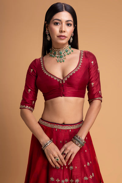 RED MUSHROO EMB LEHENGA SET (3 PCS)