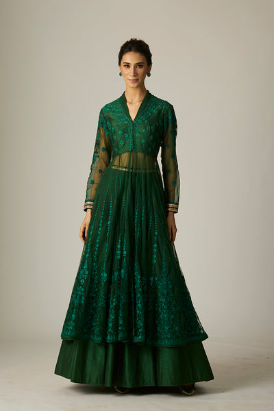 GREEN TULLE EMBROIDERED ANARKALI SET(3 PCS)