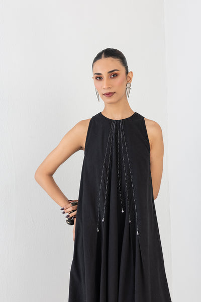 BLACK MELANGE LONG SLEEVELESS DRESS (1 PC)