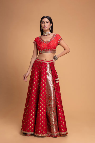 RED BROCADE LEHENGA SET (3 PCS)