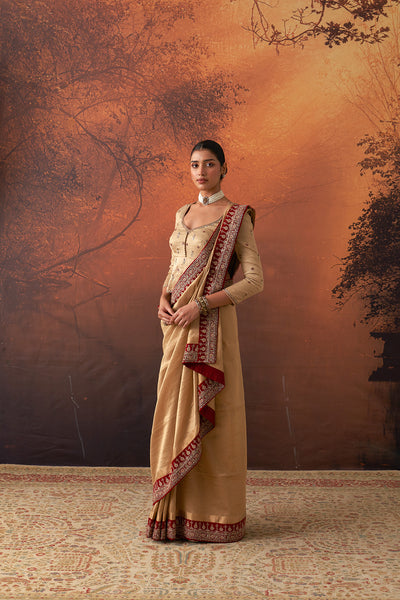 GOLD TISSUE SAREE WITH RED BORDER & UNSTITCHED BLOUSE(SRE-54) (2 PCS)