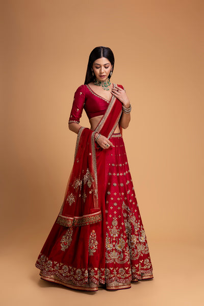 RED MUSHROO EMB LEHENGA SET (3 PCS)