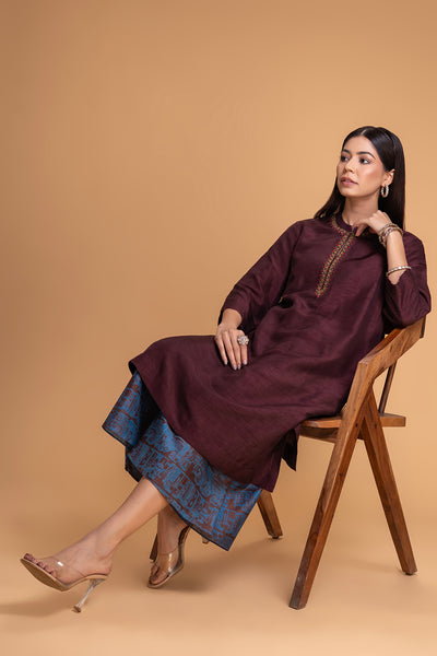 BROWN DUPION EMB. KURTA SET (2 PCS)