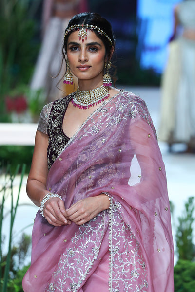 LILAC ORGANZA & VELVET EMBROIDERED SAREE SET (4 PCS)