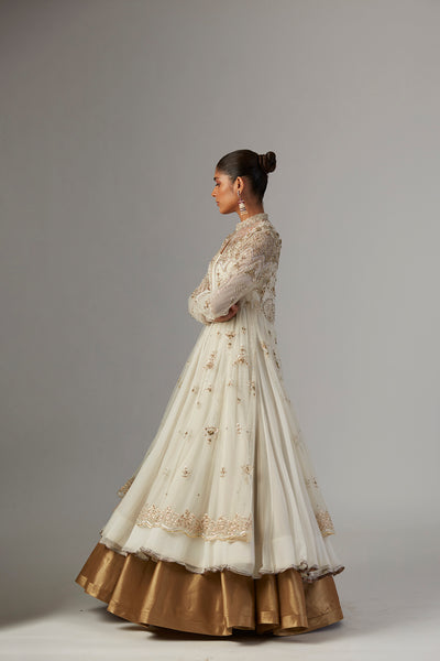 IVORY CHIFFON ANARKALI PAIRED WITH TULLE NET JACKET & COPPER LAME SKIRT( TL-89B, TL-135)