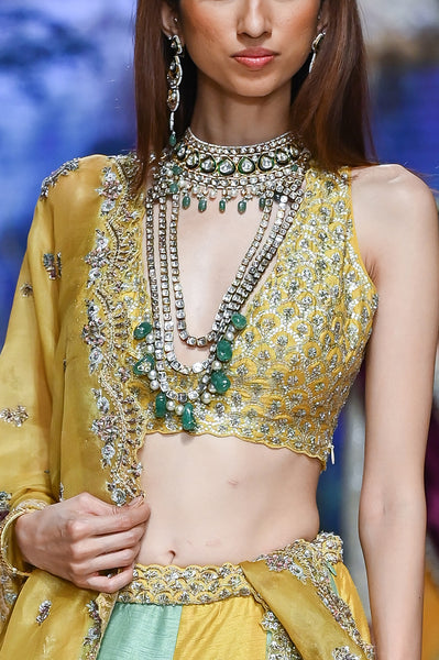 Yellow Viscose Dupion Scalloped Emb. Lehenga & Yellow Organza Emb. Dupatta (Sk-34b/dup Fa-56a/bls, Fa-56/leh)