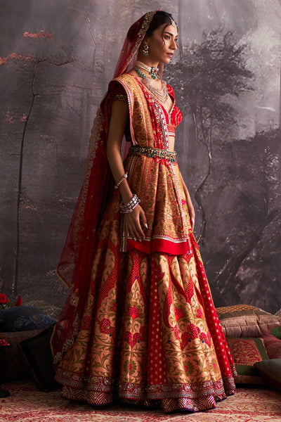 RED BANDHANI EMBROIDERED LEHENGA & DUPATTA  ( 2 PCS)