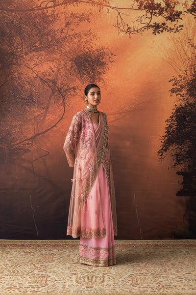ONION PINK TUSSAR & ORGANZA EMB. TWO-PIECE SAREE SET(EVO-08) (3 PCS)