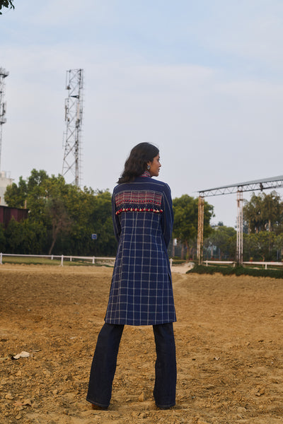 BLUE HANDWOVEN COTTON LONG JACKET (1 PC)