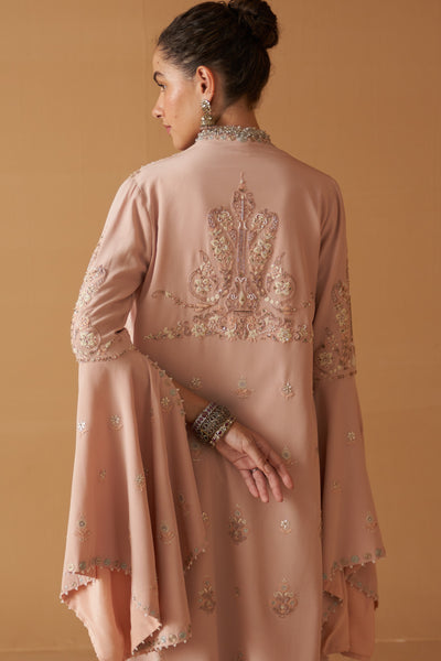 PEACH CREPE MOTI RESHAM  EMBROIDERED JACKET SET ( SE-03)