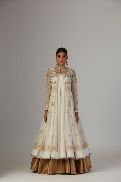 IVORY CHIFFON ANARKALI PAIRED WITH TULLE NET JACKET & COPPER LAME SKIRT( TL-89B, TL-135)