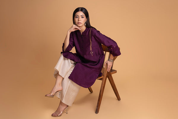 PURPLE DUPION EMB. KURTA SET (2 PCS)