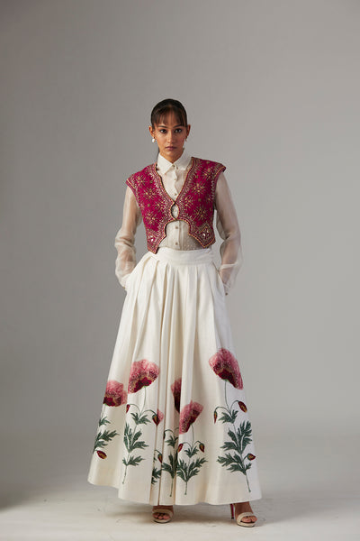 IVORY DUPION SILK SKIRT WITH SATIN SHIRT & FALSA JACKET ( 3 PCS)