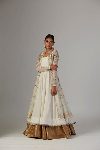 IVORY CHIFFON ANARKALI PAIRED WITH TULLE NET JACKET & COPPER LAME SKIRT( TL-89B, TL-135)