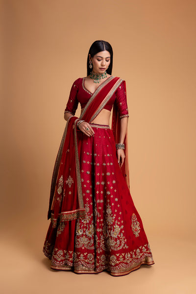 RED MUSHROO EMB LEHENGA SET (3 PCS)