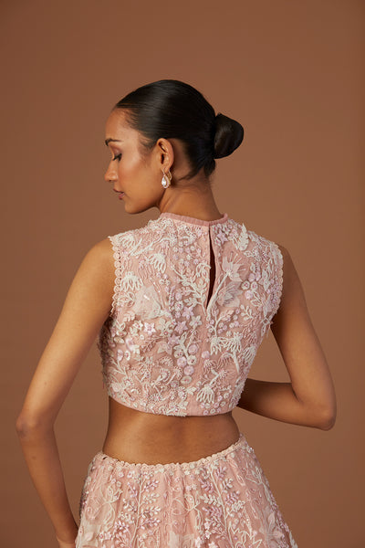 BLUSH TULLE NET 3D EMBROIDERY LEHENGA SET(4 PCS)