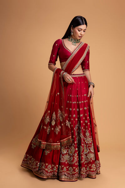 RED MUSHROO EMB LEHENGA SET (3 PCS)