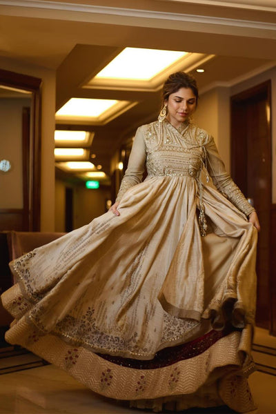 A TOOSH SILK DUPION EMBROIDERED  ANGARAKHA STYLED WITH TOOSH QUILTED AND EMBROIDERED CHANDERI SKIRT (MH-03)
