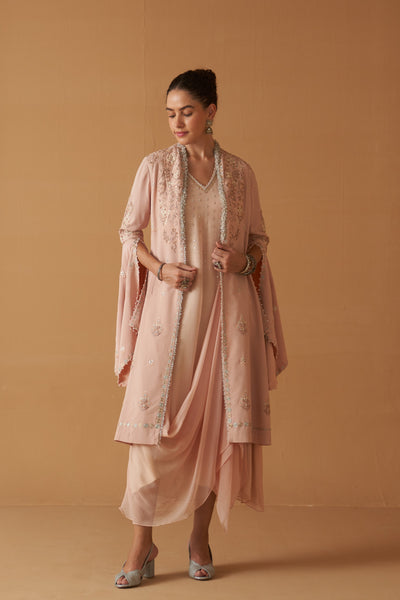 PEACH CREPE MOTI RESHAM  EMBROIDERED JACKET SET ( SE-03)