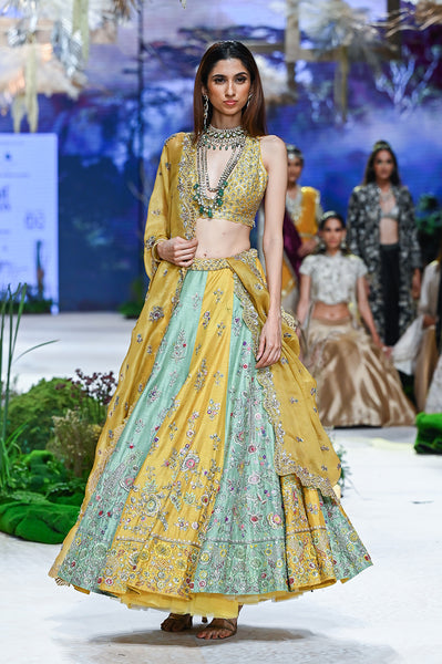 Yellow Viscose Dupion Scalloped Emb. Lehenga & Yellow Organza Emb. Dupatta (Sk-34b/dup Fa-56a/bls, Fa-56/leh)
