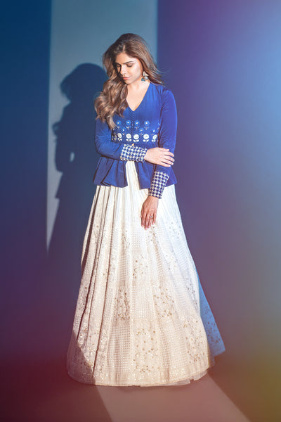 ELECTRIC BLUE CREPE EMB. PEPLUM WITH IVORY GEO. EMB. SKIRT (FA-21A/PEP . FA21/SKT + CRN)