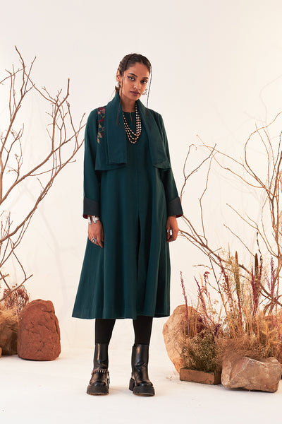EMERALD GREEN MELANGE WOOL EMBROIDERED TRENCH COAT (WLN-01/JKT)