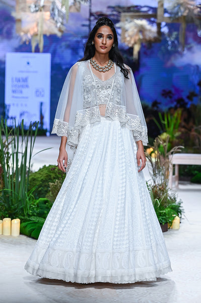 Ivory Emb. Blouse with Chikankari Lehenga and Tulle Net Cape (WD-01(BLOUSE), FA-27/LEH +CRN, FA-27C/CAPE)