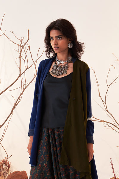 Blue & Mehendi Woolen High Low Wrap Jacket (WLN-04A/JKT)