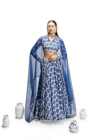 IVORY & BLUE SILK CHANDERI BLOUSE WITH ELECTRIC BLUE PRINTED CHANDERI SKIRT WITH CRINO (FA-23E/BLS, FA-23/SKT+CRN)