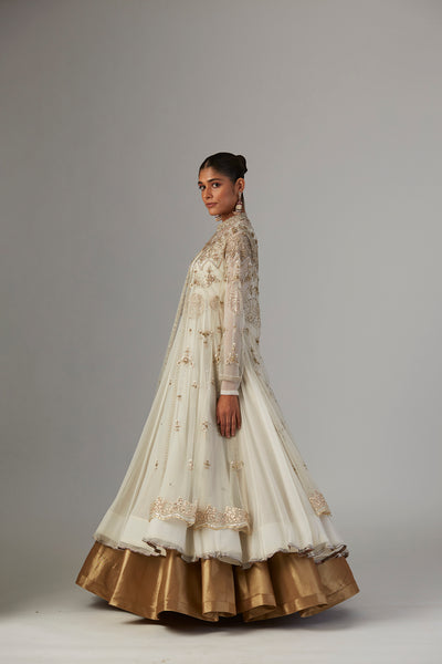 IVORY CHIFFON ANARKALI PAIRED WITH TULLE NET JACKET & COPPER LAME SKIRT( TL-89B, TL-135)