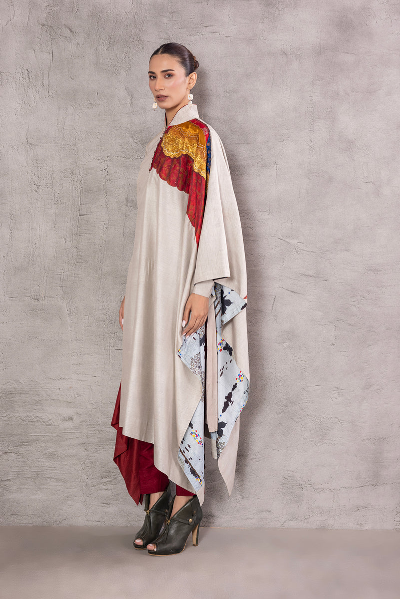 ASH GREY SILK DUPION EMBROIDERED & BIRD PRINTED DRAPED TUNIC (AJP