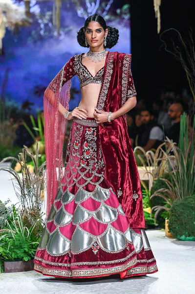 Ruby velvet emb. Blouse with phalsa dupion emb. Lehenga & falsa net dupatta  e-29/tl-122a/bls, tl-122b/dup, e-29/tl-122/leh)