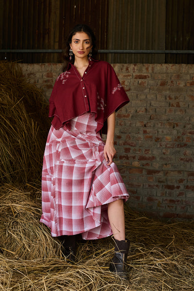 MAROON & WHITE COTTON CHECK SKIRT (CM-09A/SKT)